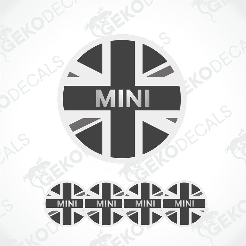 A set of four round vinyl stickers with a design of the British flag and the word 'MINI' in the center, displayed on a white background.