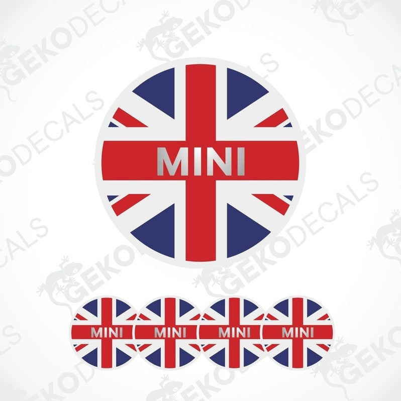 A set of four round vinyl stickers with a design of the British flag and the word 'MINI' in the center, displayed on a white background.