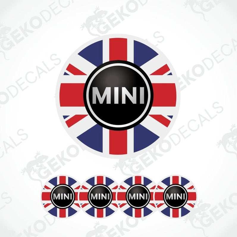 A set of four vinyl stickers with a British flag design and the Mini Cooper logo on them.
