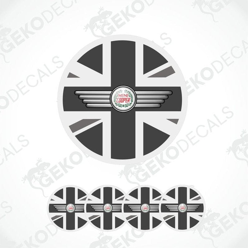 A set of four round vinyl stickers with a design of the British flag and the word 'MINI COOPER' in the center, displayed on a white background.