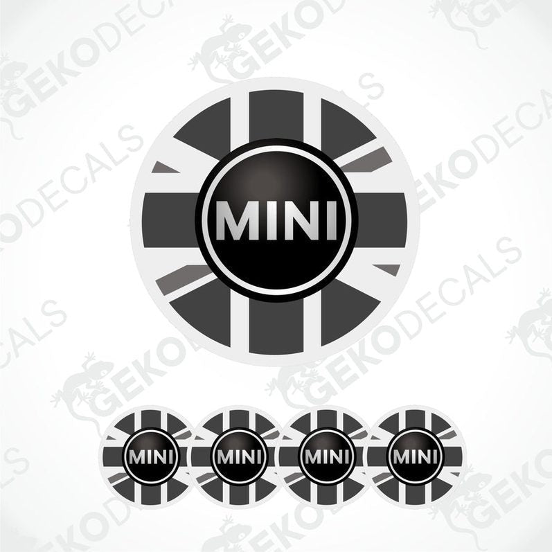 A set of four vinyl stickers with a British flag design and the Mini Cooper logo on them.