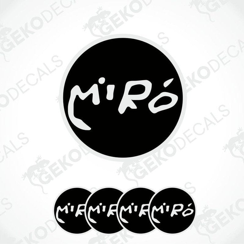 A set of four black vinyl stickers with the word 'MIRO' written in white.