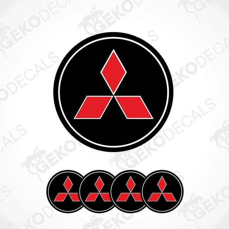 Set of four Mitsubishi car wheel decals with red and black color scheme.