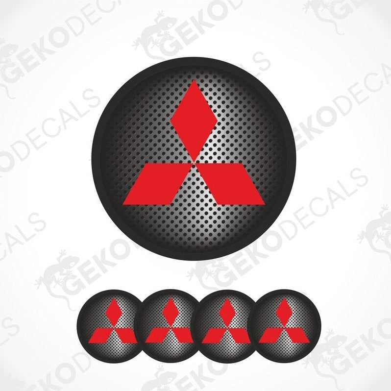 A set of four red and black vinyl stickers with a geometric pattern, representing the Mitsubishi brand.