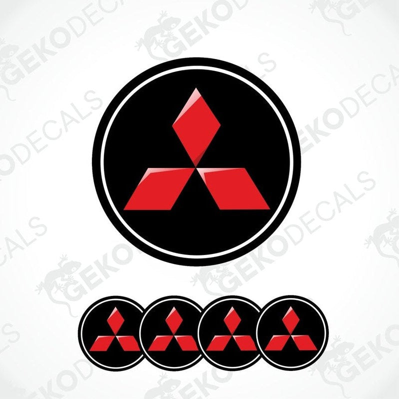 Set of four red and black Mitsubishi car wheel decals.