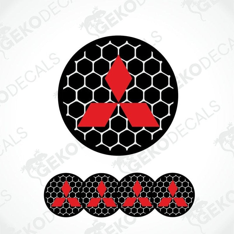 A set of four Mitsubishi car decals with a checkered pattern and Mitsubishi logo.