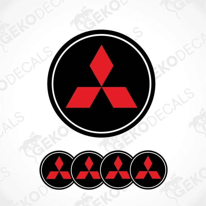 A set of four round car decals featuring the Mitsubishi logo in red on a black background.