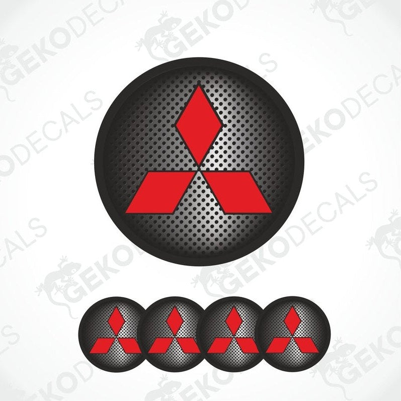 A set of four black vinyl stickers with a red diamond-shaped logo for Mitsubishi vehicles.