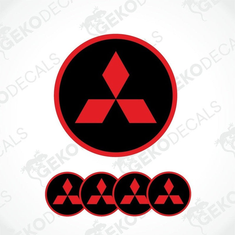 A set of four round car decals featuring the Mitsubishi logo in red on a black background.
