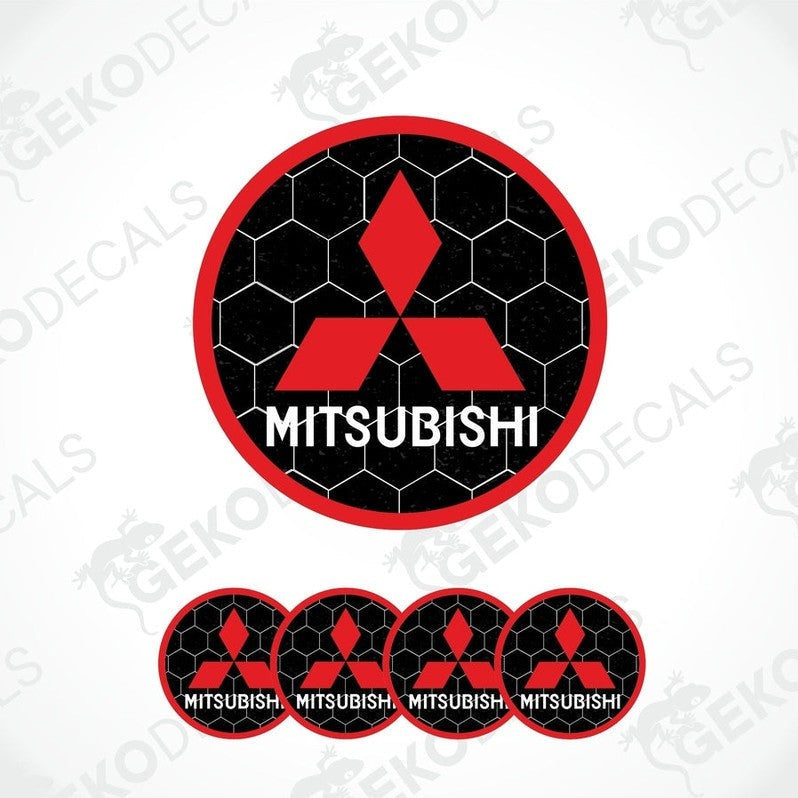 A set of four black, red, and white vinyl stickers with the Mitsubishi brand logo in the center.