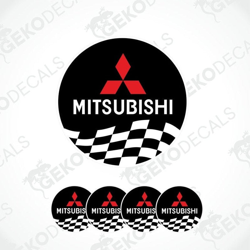 A set of four Mitsubishi car decals with a checkered pattern and Mitsubishi logo.