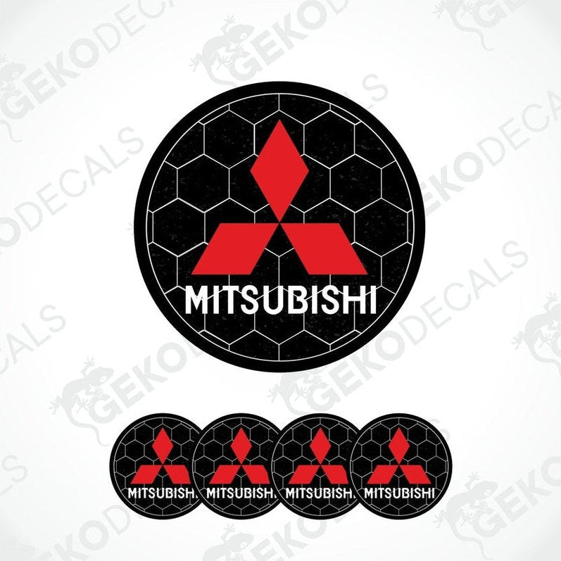 A set of four black vinyl stickers with the Mitsubishi logo in red.