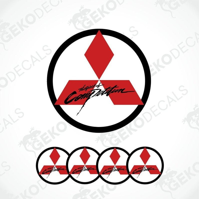 A set of four red and white Mitsubishi car decals with the 'Spirit of Competition' logo.