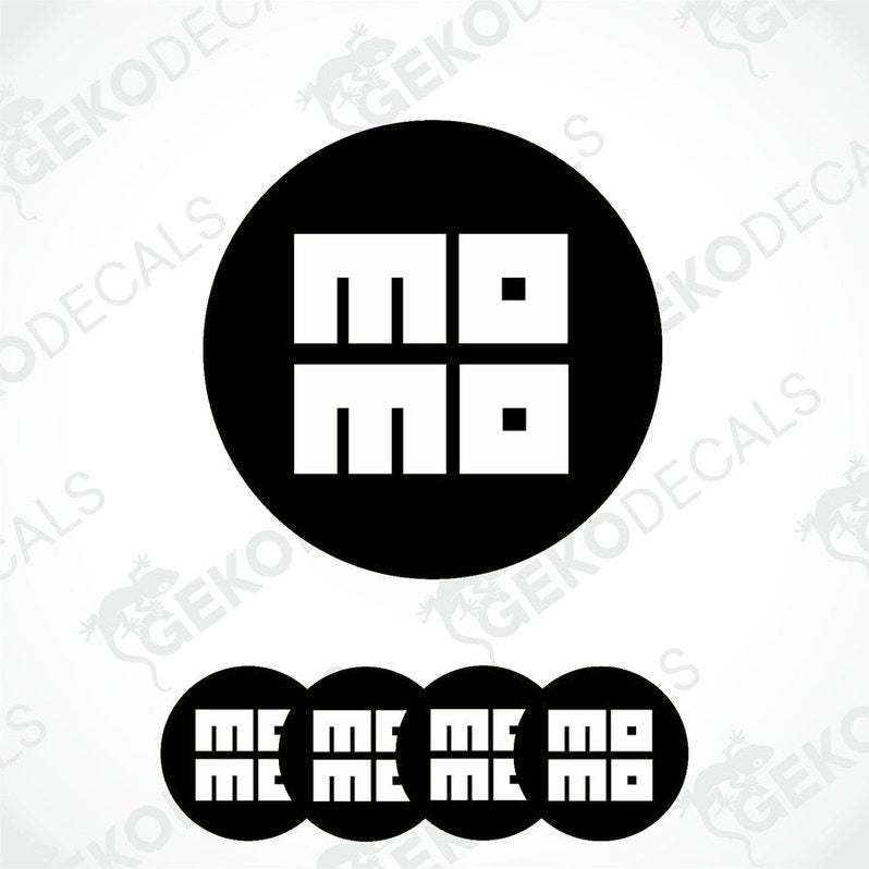 A set of four round vinyl stickers with the word 'MOMO' written on them, with a black background and a white border.