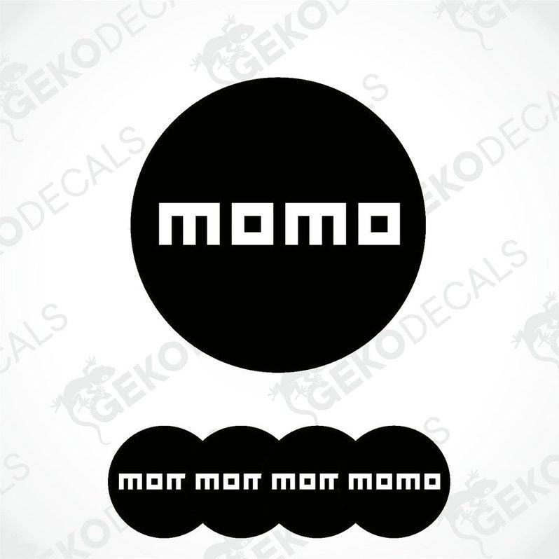 A set of black vinyl decals with the text 'momo' on them, presented in a circular arrangement.