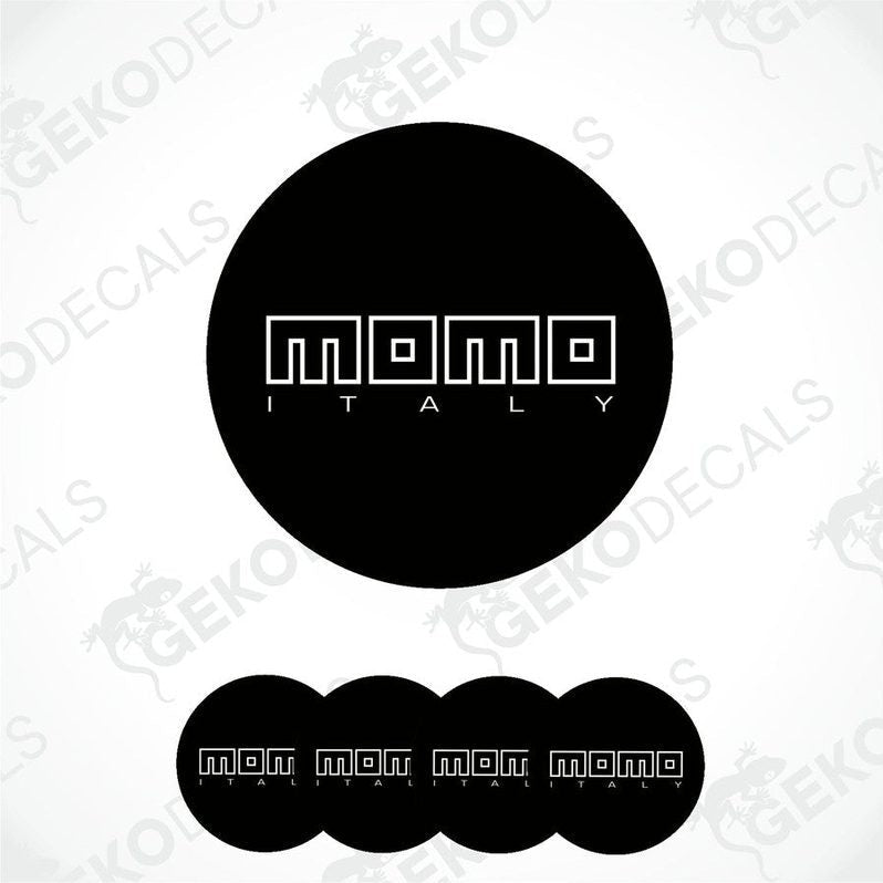 A set of black vinyl decals with the text 'momo ITALY' in white. The decals are dome-shaped and designed for use as car wheel or cap stickers.