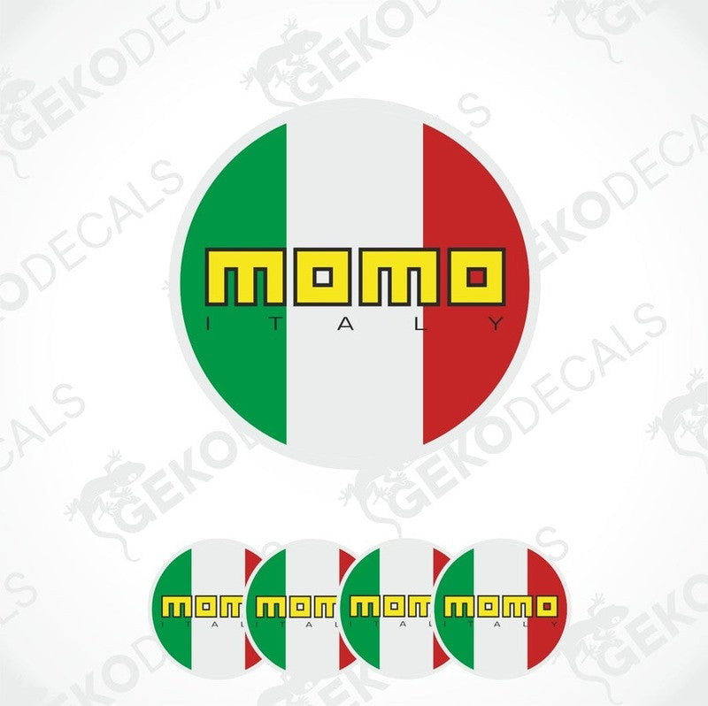 A set of round car decals with the branding 'MOMO ITALY' featuring a green, white, and red color scheme, resembling the Italian flag.