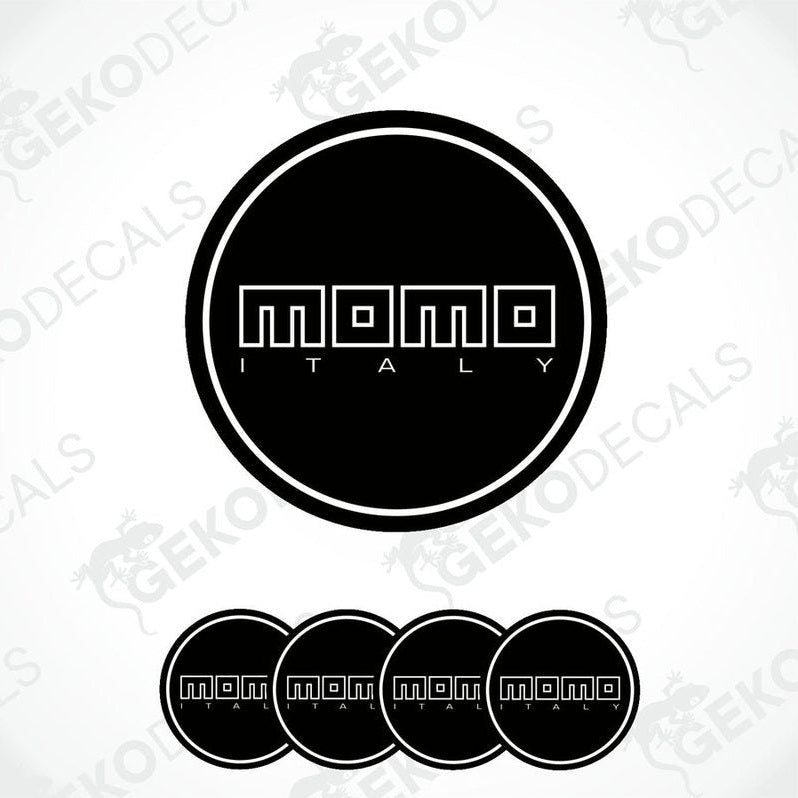 A set of black vinyl decals with the text 'momo ITALY' in white. The decals are designed to be applied on a surface, likely for car customization.