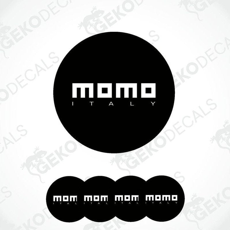 A set of black vinyl decals with the text 'momo ITALY' in white. The set includes four domed stickers of varying sizes.
