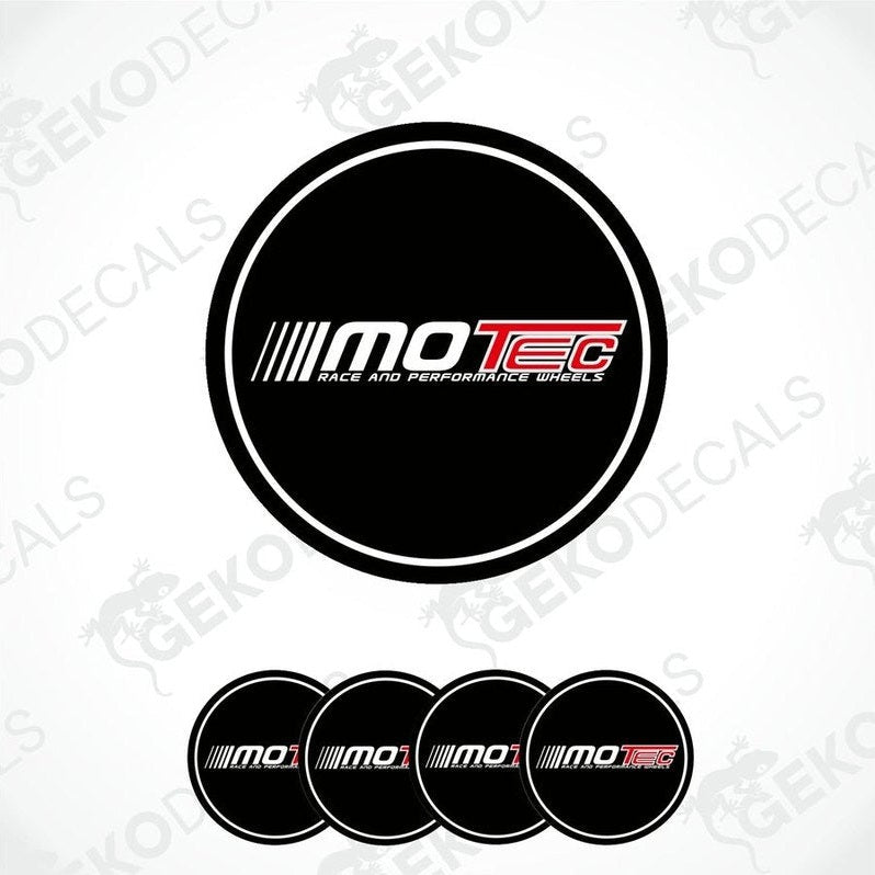 A set of four black vinyl stickers with the 'MOTEC' logo in white and red, designed for use as car wheel decals.