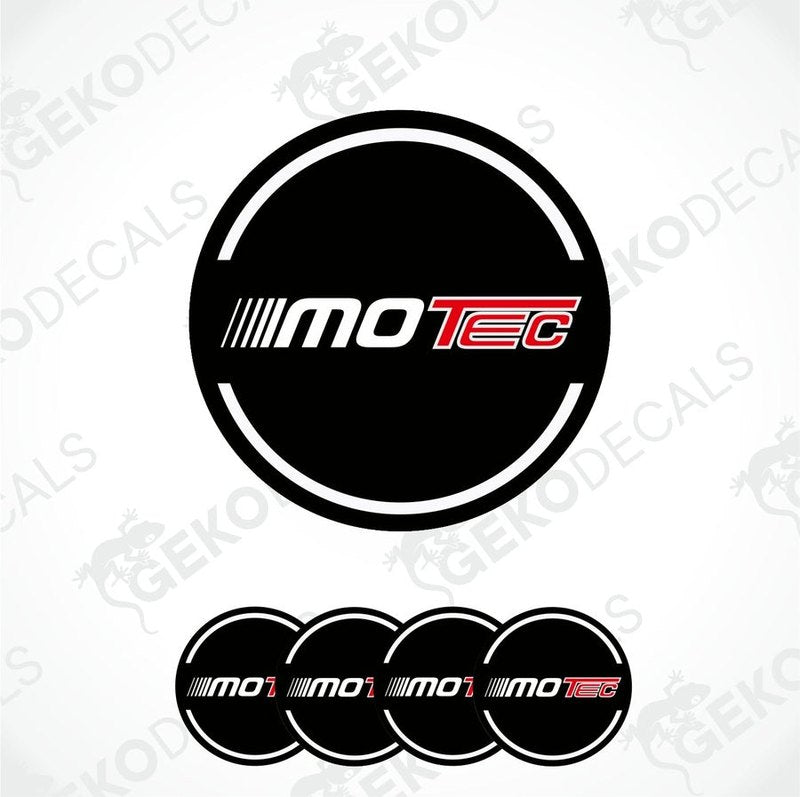 A set of four black vinyl stickers with the MOTEC brand logo in red and white.