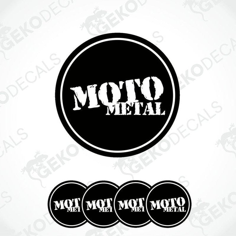 A set of four black and white vinyl decals with the text 'MOTO METAL' on a round, domed sticker design.
