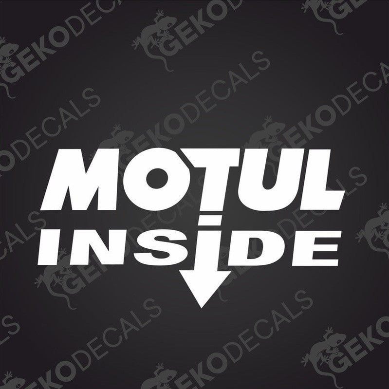 A white rectangular car sticker with the text 'MOTUL INSIDE' on a black background.