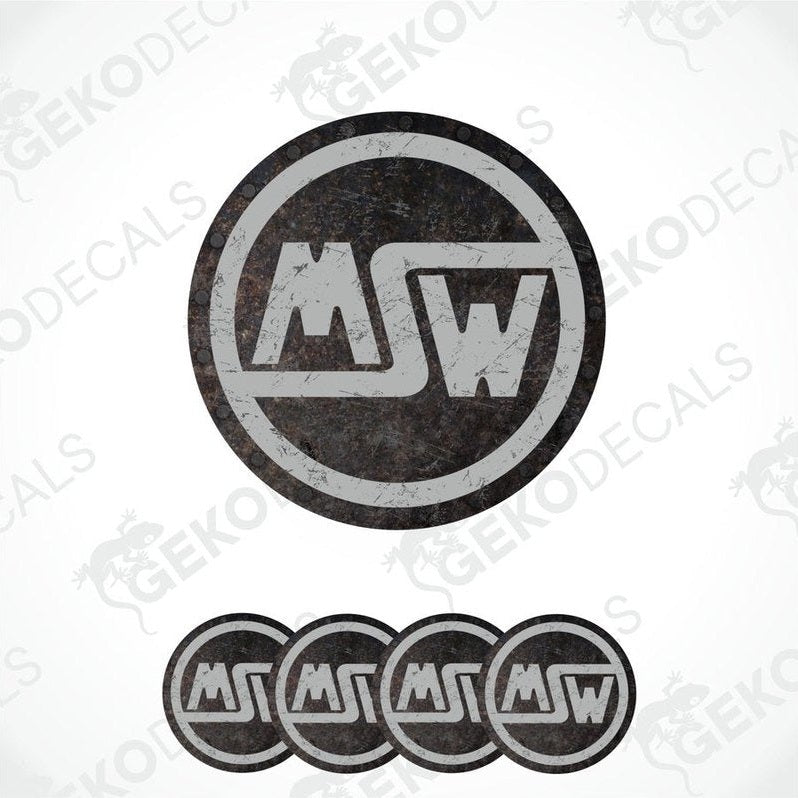 A set of four black vinyl stickers with the letters 'MSW' in the center, arranged in a circular pattern with a visible brand logo.