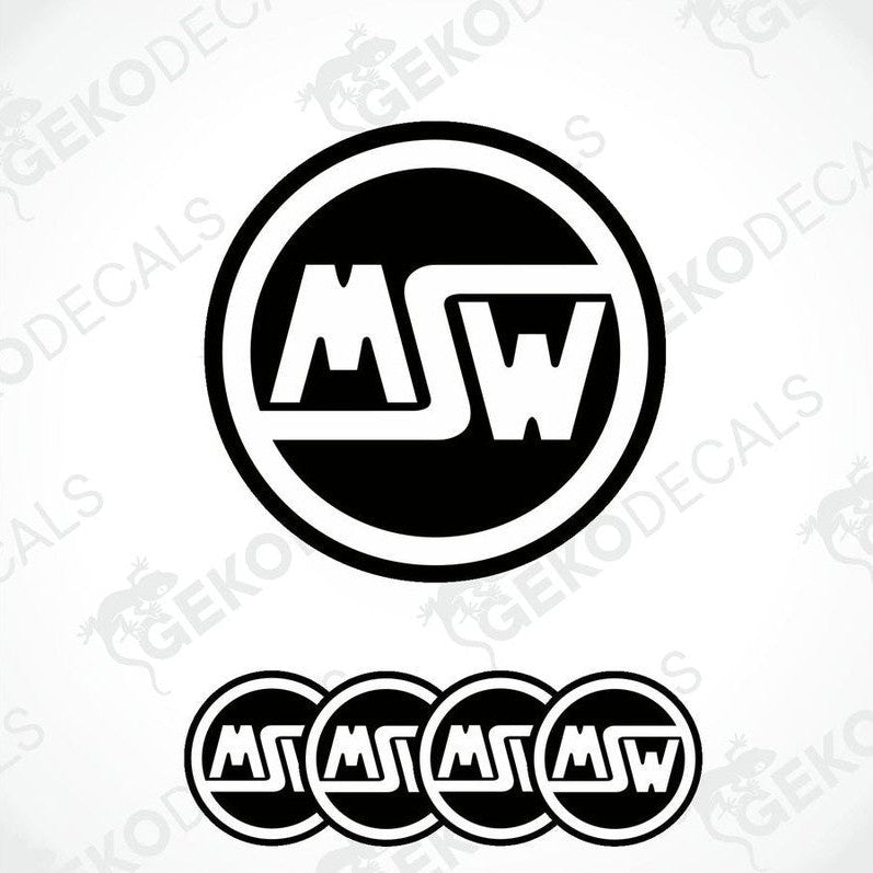 A set of four vinyl stickers with the MSW logo, predominantly black and white in color, designed for use as car decals or wheel caps.