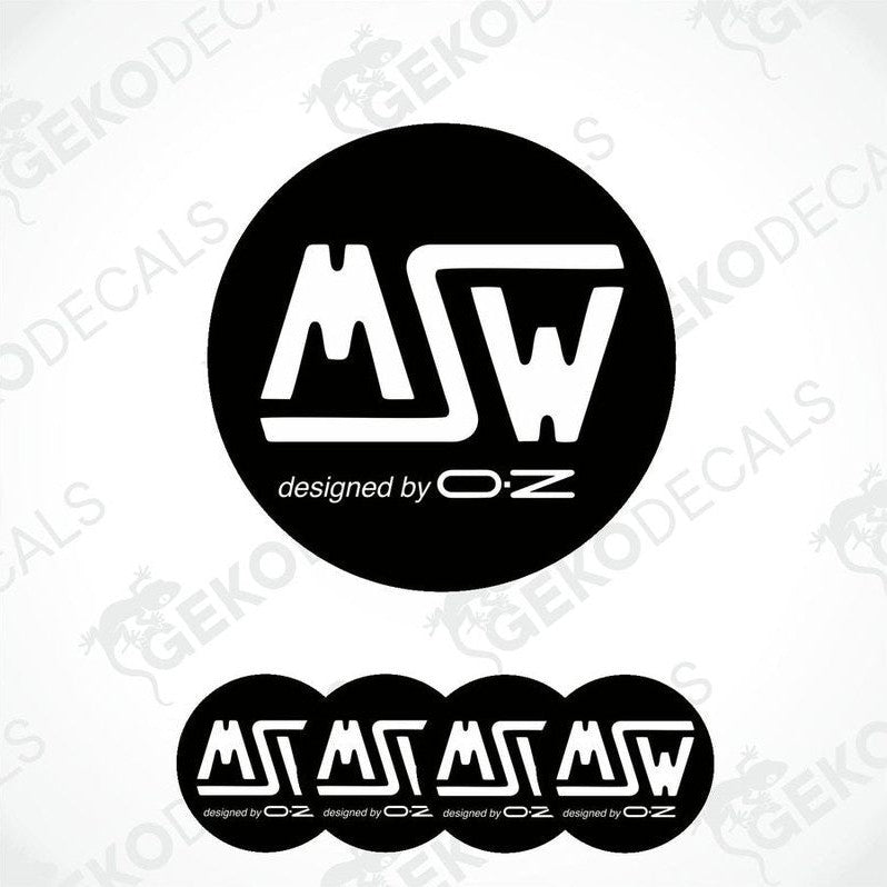 A set of four black and white vinyl stickers with the MSW logo and the text 'designed by OZ'.