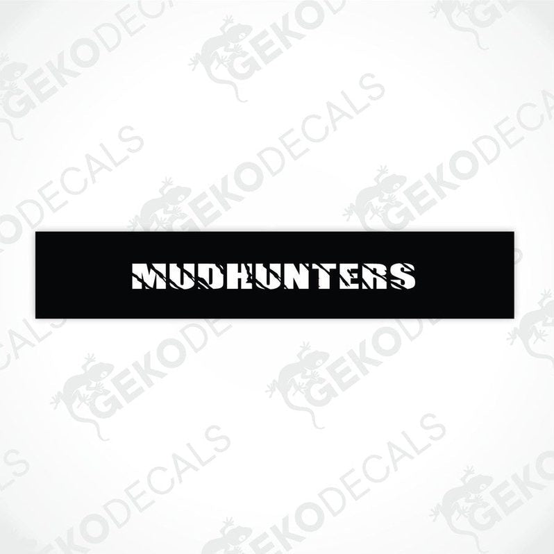 Black car windshield sun visor with white text MUDHUNTERS