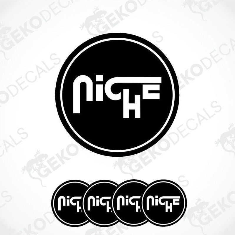A set of four black and white vinyl decals with the NICHE brand logo.