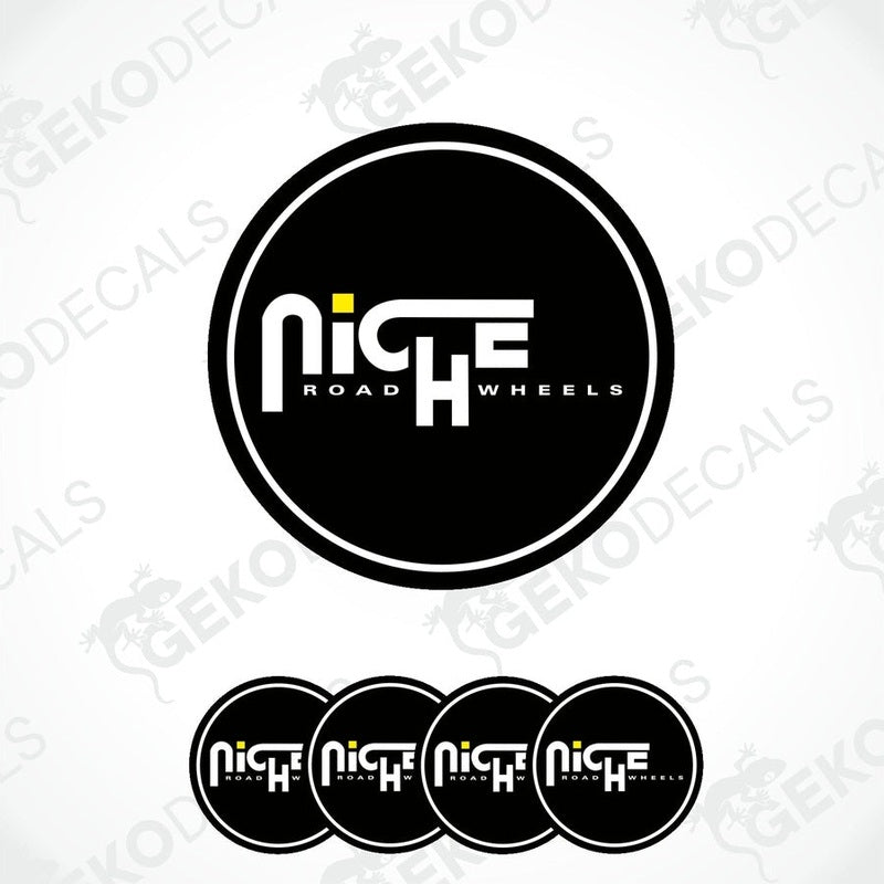 A set of four black vinyl stickers with the text 'NICHE ROAD WHEELS' and a logo design, displayed on a white background.