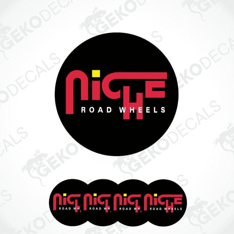 A set of four vinyl decals with polyurethane coating, featuring the text 'Niche Road Wheels' in red on a black background, designed for use as car wheel decals.