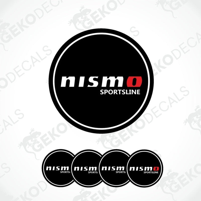 A set of four black vinyl stickers with the 'NISMO SPORTSLINE' logo in white and red text.
