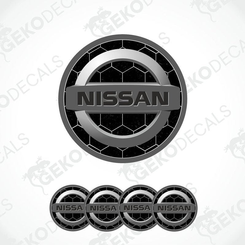 A set of vinyl decals with a polyurethane coating, featuring the Nissan logo, displayed on a white background.