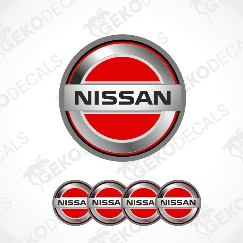 A set of four red vinyl stickers with the NISSAN brand logo on them.