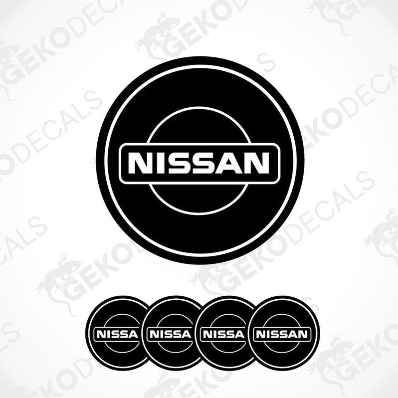 Set of five black vinyl decals with the NISSAN logo, four are round and one is rectangular.