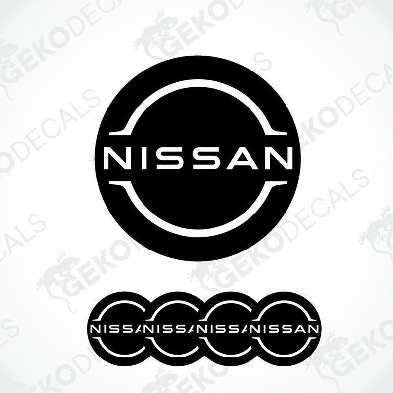 Set of five black vinyl decals with the NISSAN logo, four are round and one is rectangular.
