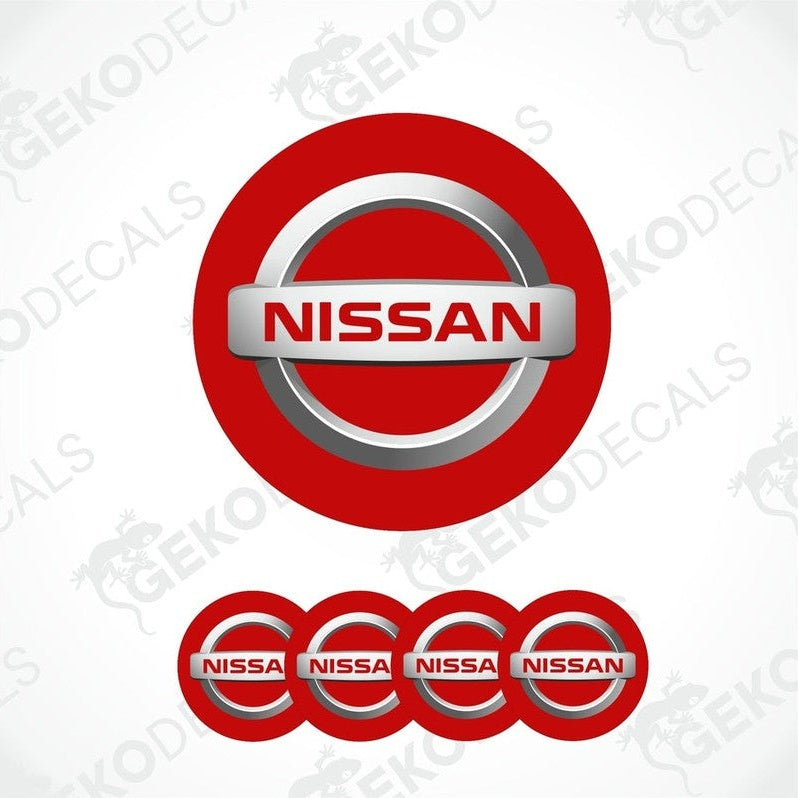 A set of vinyl decals with polyurethane coating, featuring the NISSAN logo in silver and red colors.