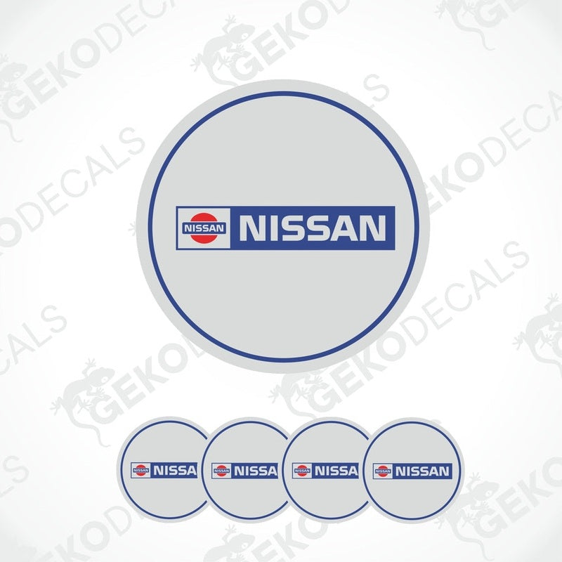 Set of five black vinyl decals with the NISSAN logo, four are round and one is rectangular.