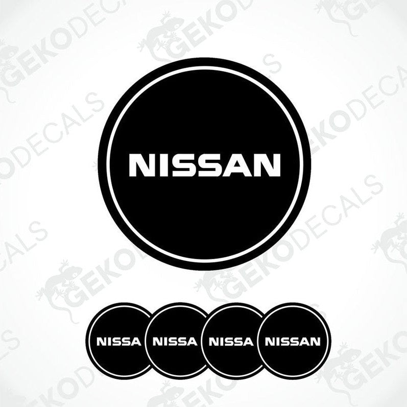 Set of five black vinyl decals with the NISSAN logo, four are round and one is rectangular.