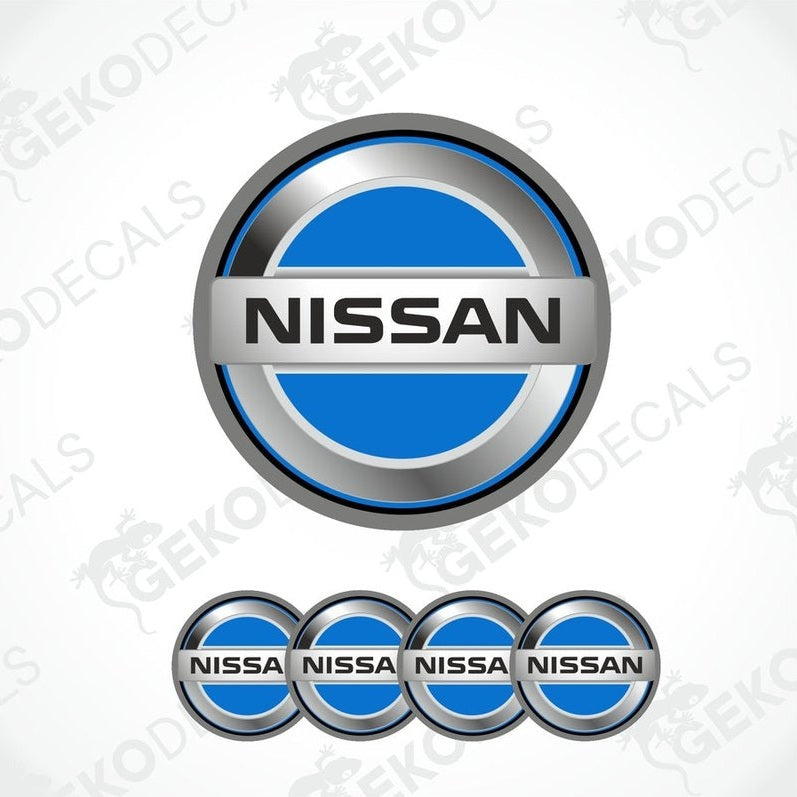 A set of four blue and silver NISSAN branded vinyl decals with a silver and black trim.