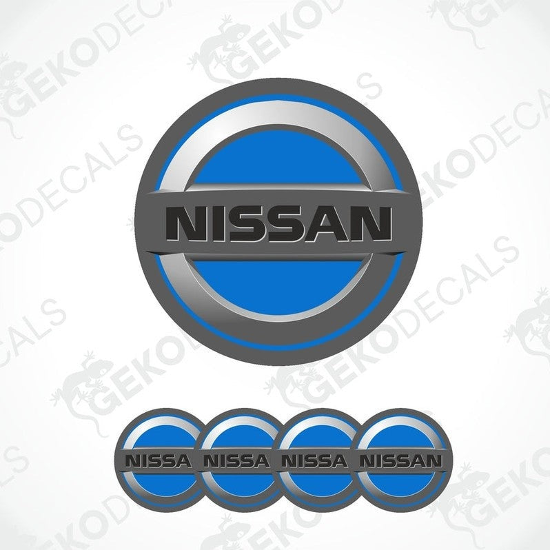 A set of four blue, silver, and black NISSAN branded vinyl stickers with a dome shape and a polyurethane coating.