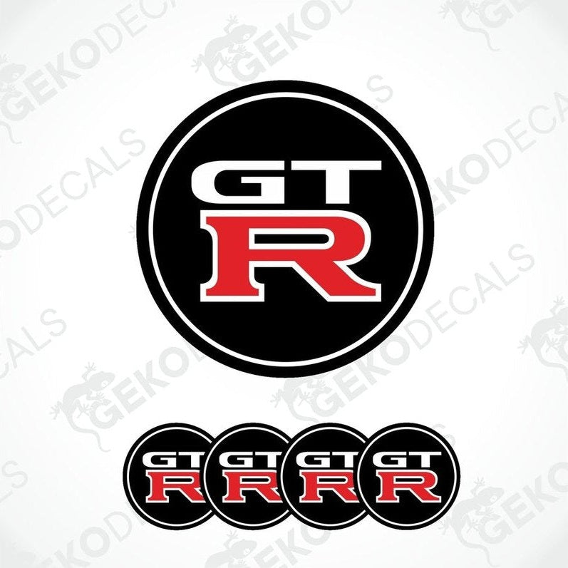A set of four vinyl decals for a NISSAN GT R, featuring the GT R logo in black, red, and white colors.