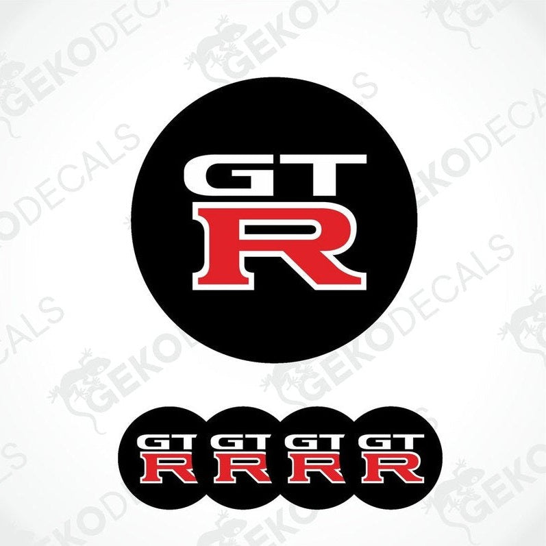 A set of four vinyl decals for a NISSAN GT R, featuring the GT R logo in black, red, and white colors.