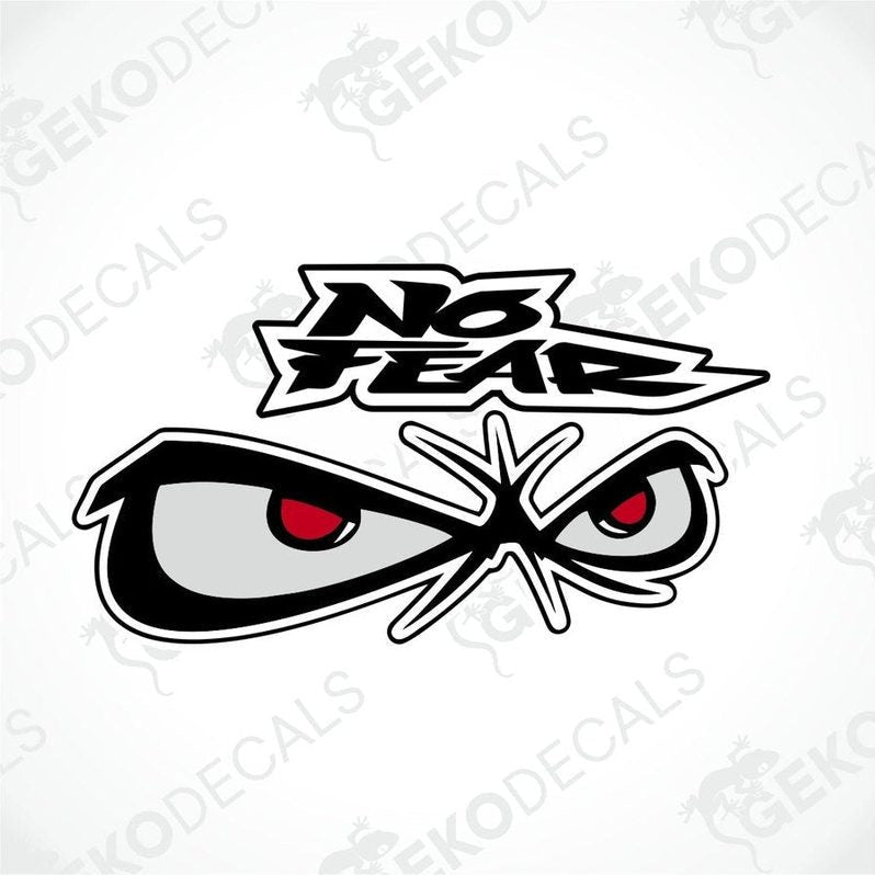 A black, red, and white car decal with the text 'NO FEAR' and a graphical design resembling a stylized eyes.