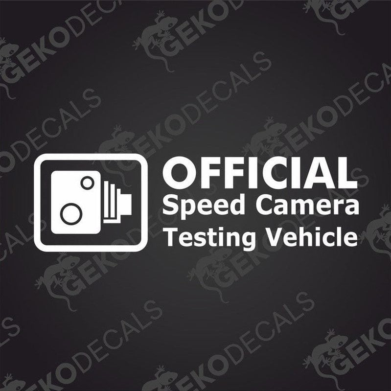Official Speed Camera Testing Vehicle die cut decal with white speed camera icon and bold text