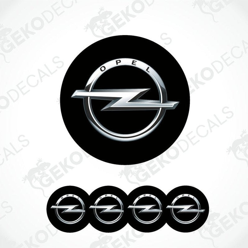 A set of four black vinyl stickers with a silver OPEL logo, designed for use as car decals.