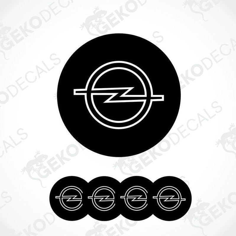 A set of four black and white vinyl decals with the Opel logo.